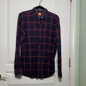 Hugo Boss Men's Plaid Button-Down Shirt - Navy and Burgundy